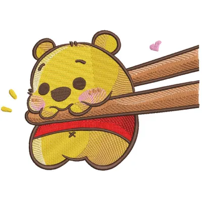 Embroidery design preview of a cute Sushi baby Pooh featuring vibrant colors and detailed stitching.