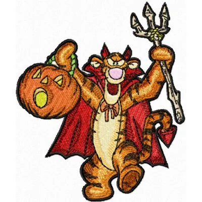 Tigger celebrates Halloween embroidery design featuring Tigger dressed in a spooky costume, perfect for festive projects.