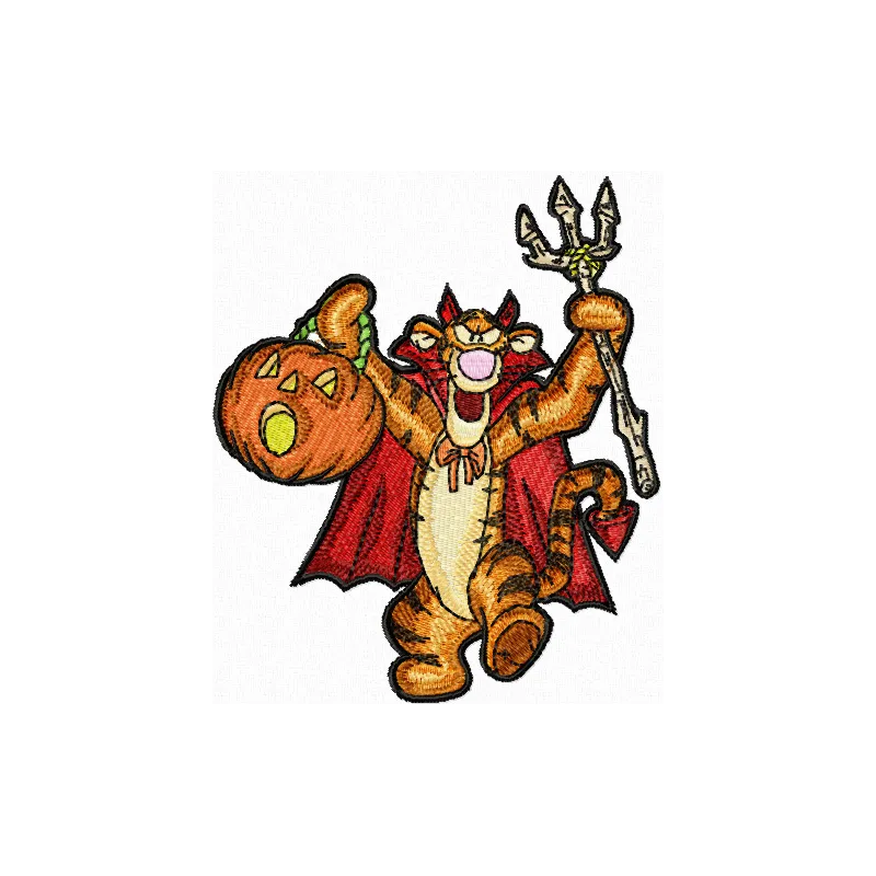 Tigger celebrates Halloween embroidery design featuring Tigger dressed in a spooky costume, perfect for festive projects.