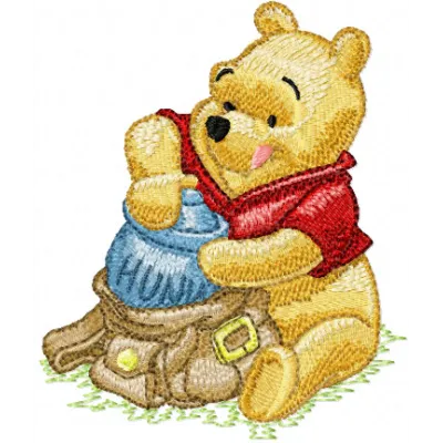 Winnie Pooh with bag embroidery design featuring Pooh and friends, perfect for embellishing t-shirts and tote bags.