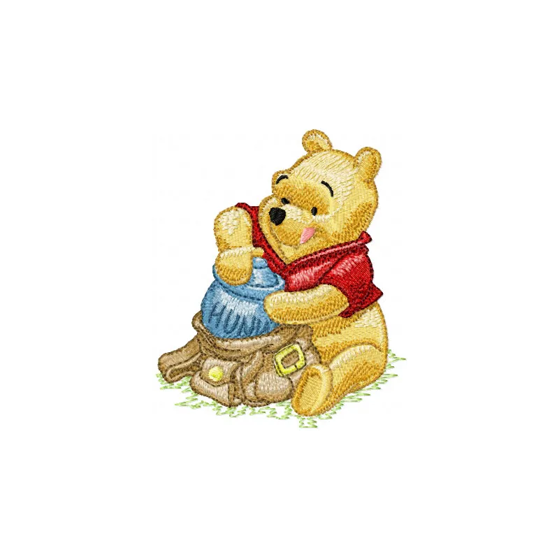 Winnie Pooh with bag embroidery design featuring Pooh and friends, perfect for embellishing t-shirts and tote bags.