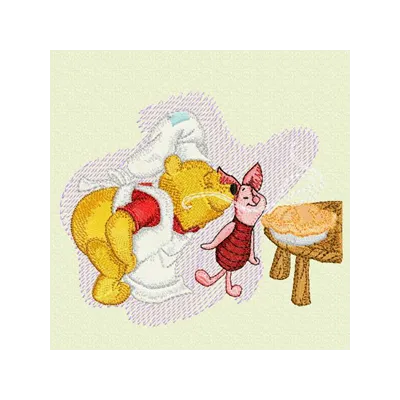 Winnie Pooh and Piglet cooking together embroidery design, perfect for stitching on kitchen towels or aprons.