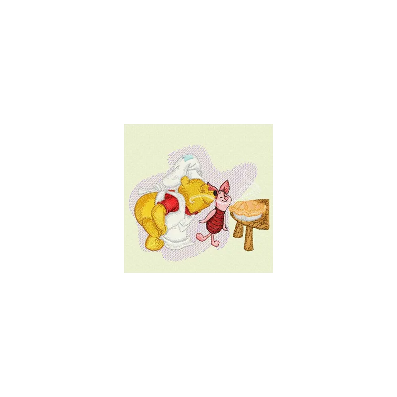 Winnie Pooh and Piglet cooking together embroidery design, perfect for stitching on kitchen towels or aprons.