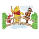 Embroidery design featuring Winnie Pooh, Tigger, and Piglet on a bridge, perfect for children's apparel and gifts.