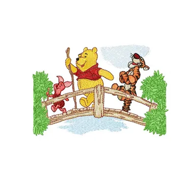Embroidery design featuring Winnie Pooh, Tigger, and Piglet on a bridge, perfect for children's apparel and gifts.