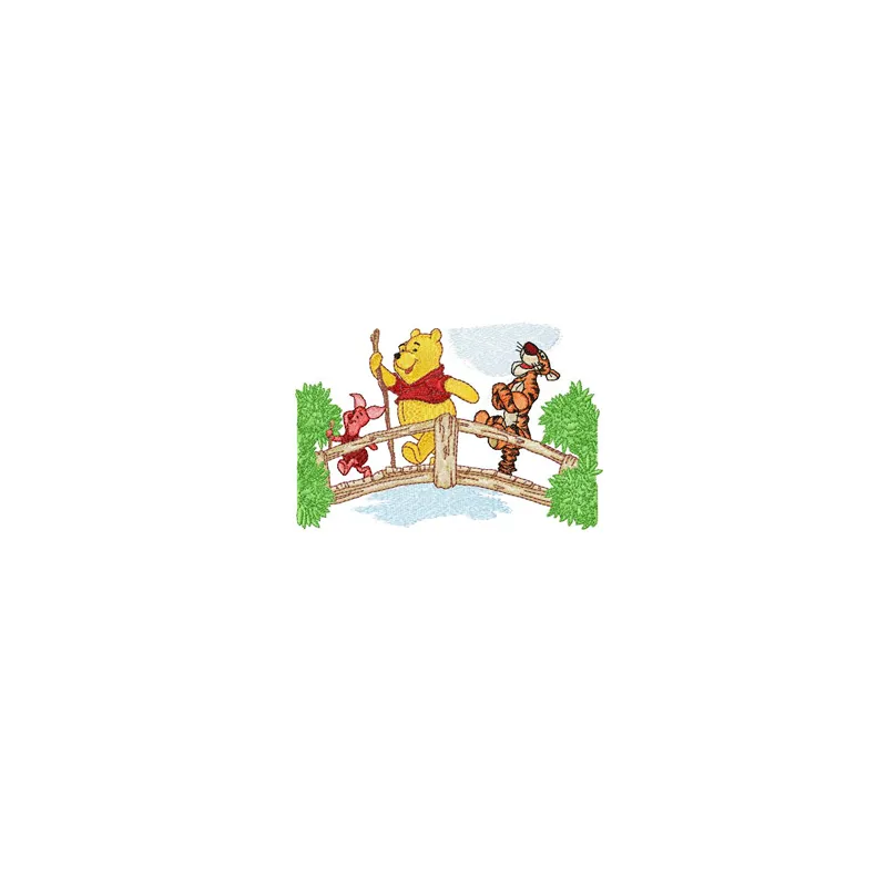 Embroidery design featuring Winnie Pooh, Tigger, and Piglet on a bridge, perfect for children's apparel and gifts.