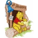 Winnie Pooh and honey embroidery design featuring Pooh with a honey pot, ideal for t-shirts and baby onesies.
