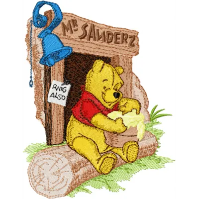Winnie Pooh and honey embroidery design featuring Pooh with a honey pot, ideal for t-shirts and baby onesies.