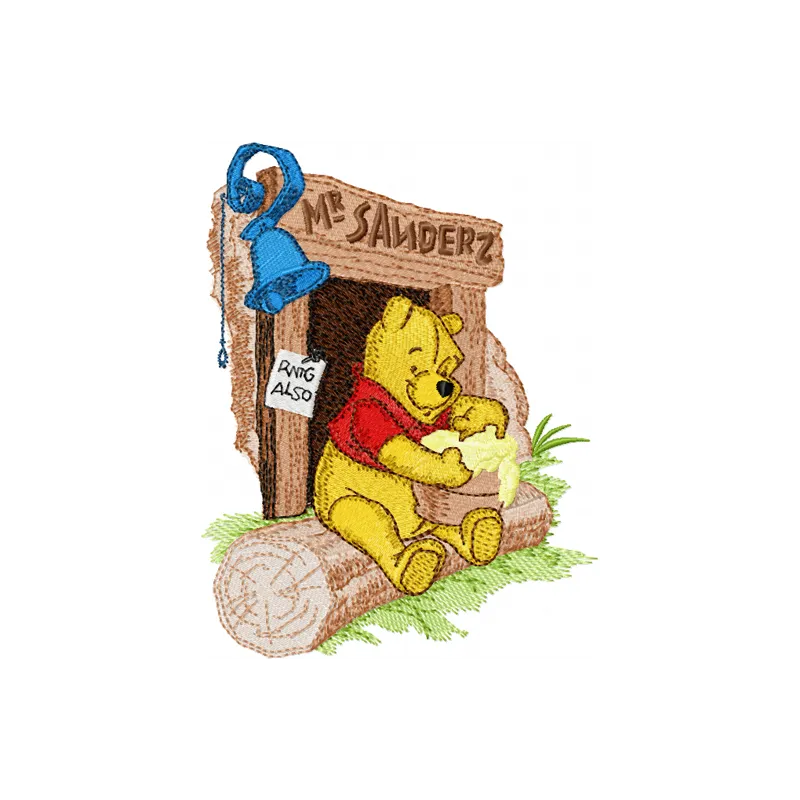 Winnie Pooh and honey embroidery design featuring Pooh with a honey pot, ideal for t-shirts and baby onesies.