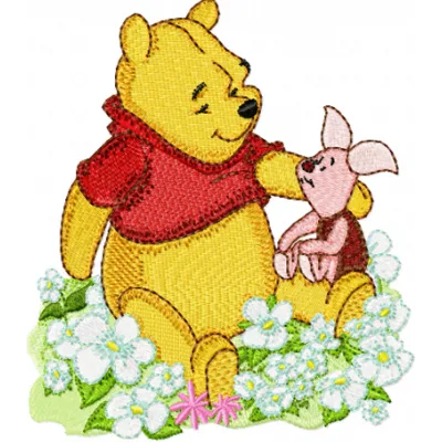 Winnie Pooh and Piglet embroidery design featuring the beloved characters in a charming stitched motif.
