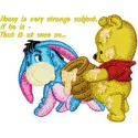 Embroidery design featuring Baby Pooh and Eeyore with honey, perfect for baby items like onesies and blankets.