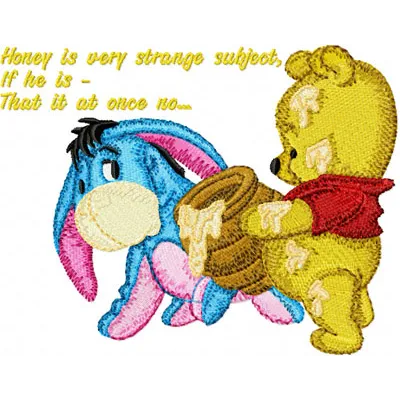 Embroidery design featuring Baby Pooh and Eeyore with honey, perfect for baby items like onesies and blankets.