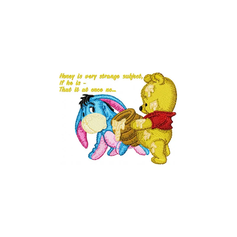 Embroidery design featuring Baby Pooh and Eeyore with honey, perfect for baby items like onesies and blankets.