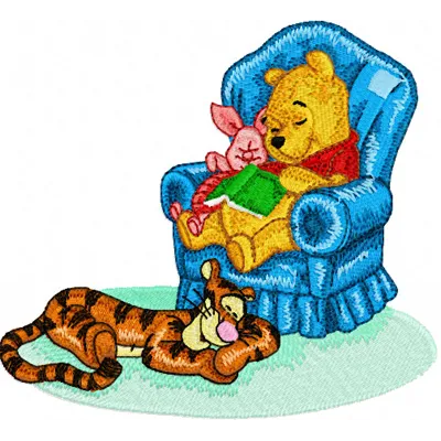 Embroidery design featuring Winnie Pooh, Tigger, and Piglet in a whimsical arrangement for creative stitching projects.