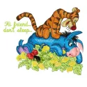 Embroidery design featuring Tigger and Eeyore with the phrase 'Hi friend, don't sleep' for creative stitching projects.