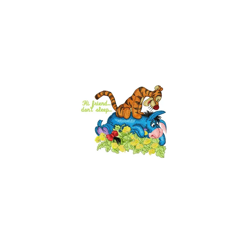 Embroidery design featuring Tigger and Eeyore with the phrase 'Hi friend, don't sleep' for creative stitching projects.
