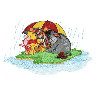 Winnie Pooh and friends under a rain embroidery design - Embroidery Design