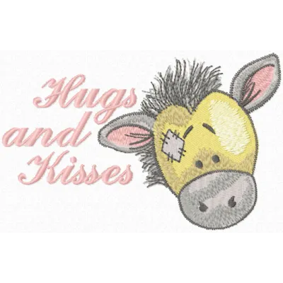 Hugs and kisses embroidery design featuring adorable farm animals, perfect for embellishing t-shirts and tote bags.