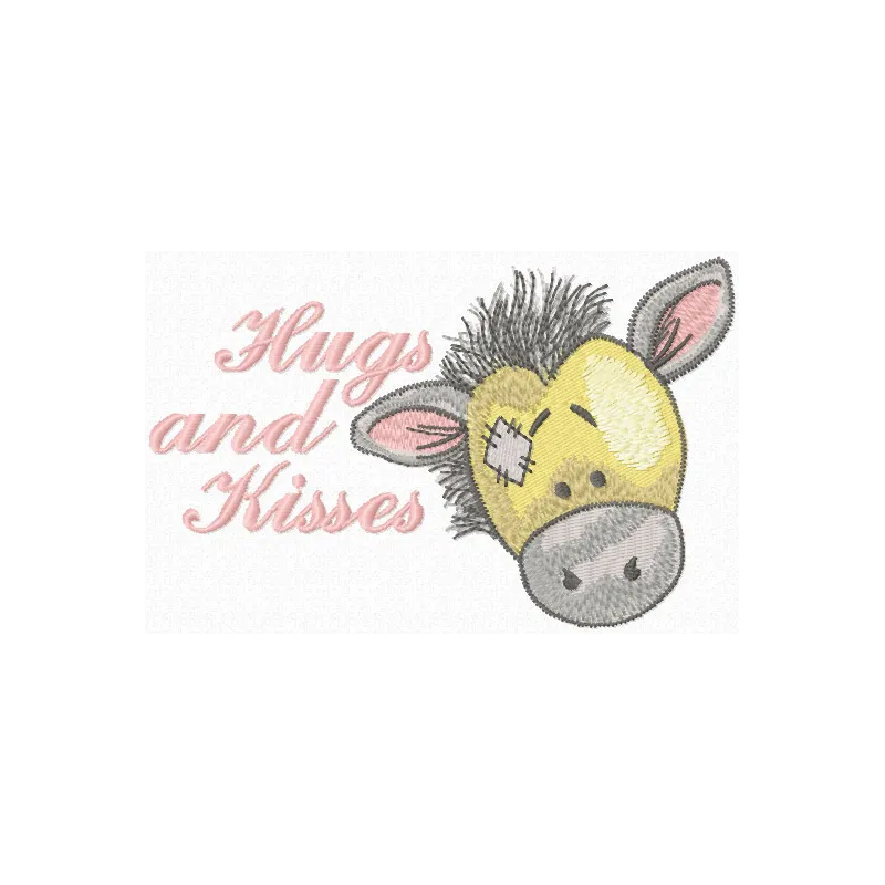 Hugs and kisses embroidery design featuring adorable farm animals, perfect for embellishing t-shirts and tote bags.