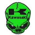 Kawasaki skull logo embroidery design showcasing a detailed stitched motif for auto and moto enthusiasts.