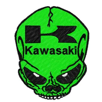 Kawasaki skull logo embroidery design showcasing a detailed stitched motif for auto and moto enthusiasts.