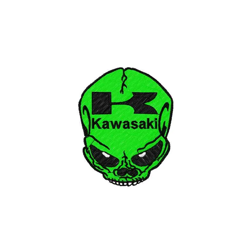 Kawasaki skull logo embroidery design showcasing a detailed stitched motif for auto and moto enthusiasts.