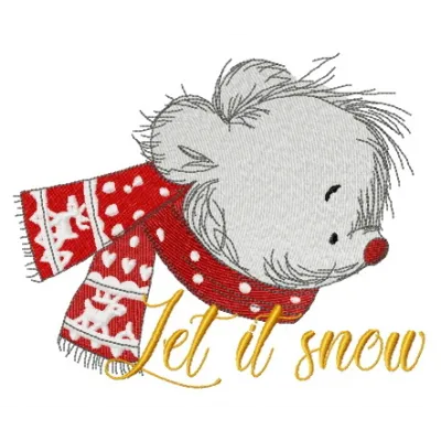 Let it snow embroidery design featuring a charming teddy bear, perfect for winter-themed stitching projects.