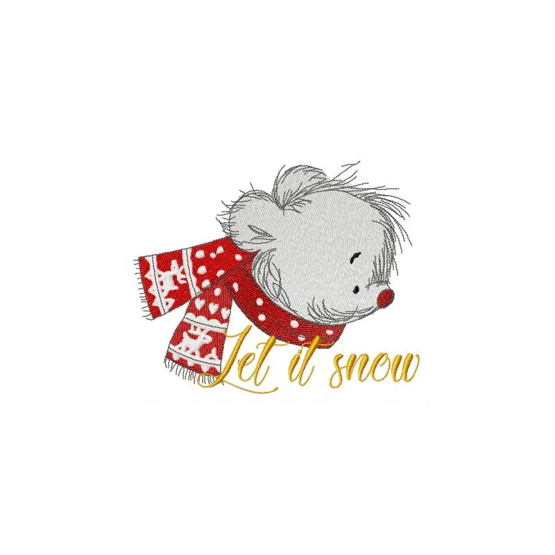 Let it snow embroidery design featuring a charming teddy bear, perfect for winter-themed stitching projects.