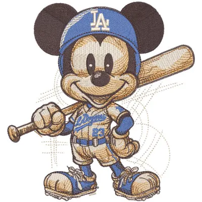 Mickey Mouse Baseball Dodgers embroidery design preview featuring detailed stitching and vibrant colors.