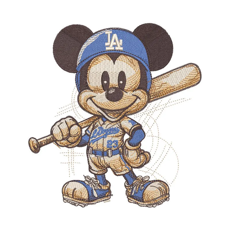 Mickey Mouse Baseball Dodgers embroidery design preview featuring detailed stitching and vibrant colors.