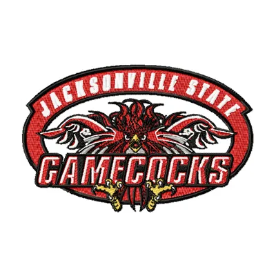 Jacksonville State Gamecocks logo embroidery design showcased on a fabric background, ideal for sports enthusiasts.