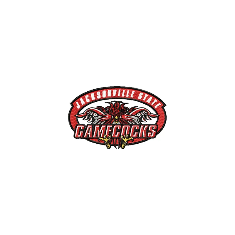 Jacksonville State Gamecocks logo embroidery design showcased on a fabric background, ideal for sports enthusiasts.