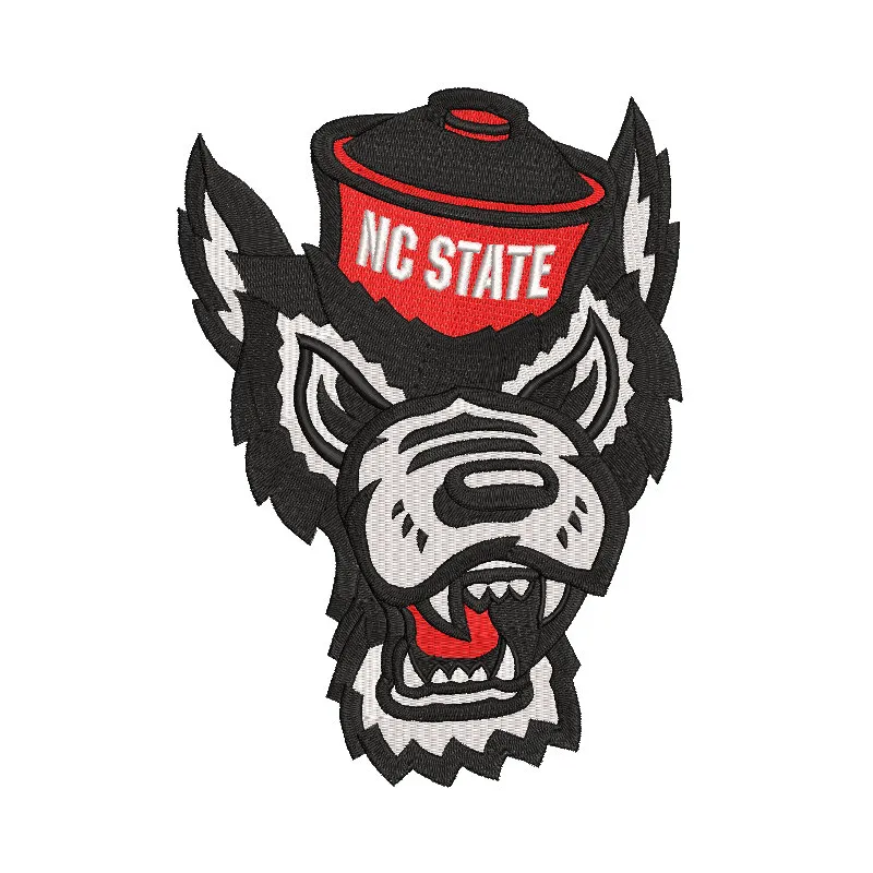 North Carolina State Angry Wolf embroidery design showcasing a fierce wolf logo, ideal for caps and hoodies.