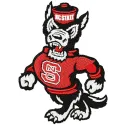 Embroidery design of a walking angry wolf wearing an NC State sweater, ideal for stitching on garments.