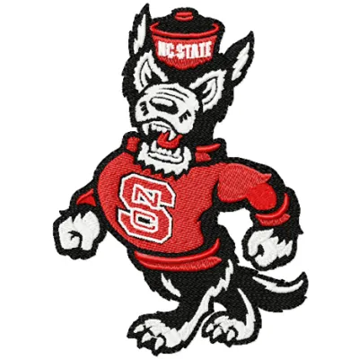 Embroidery design of a walking angry wolf wearing an NC State sweater, ideal for stitching on garments.