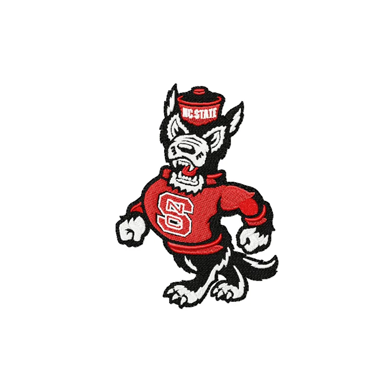 Embroidery design of a walking angry wolf wearing an NC State sweater, ideal for stitching on garments.
