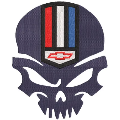 Embroidery design preview of the Chevrolet Camaro Logo Calavera pattern featuring vibrant colors and detailed stitching.