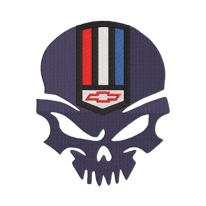 Embroidery design preview of the Chevrolet Camaro Logo Calavera pattern featuring vibrant colors and detailed stitching.