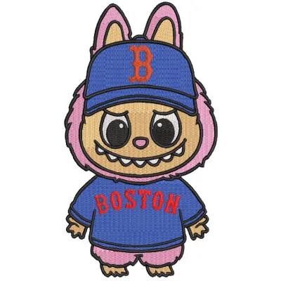 Embroidery design preview of Labubu Boston Red Sox pattern featuring vibrant colors and detailed stitching.