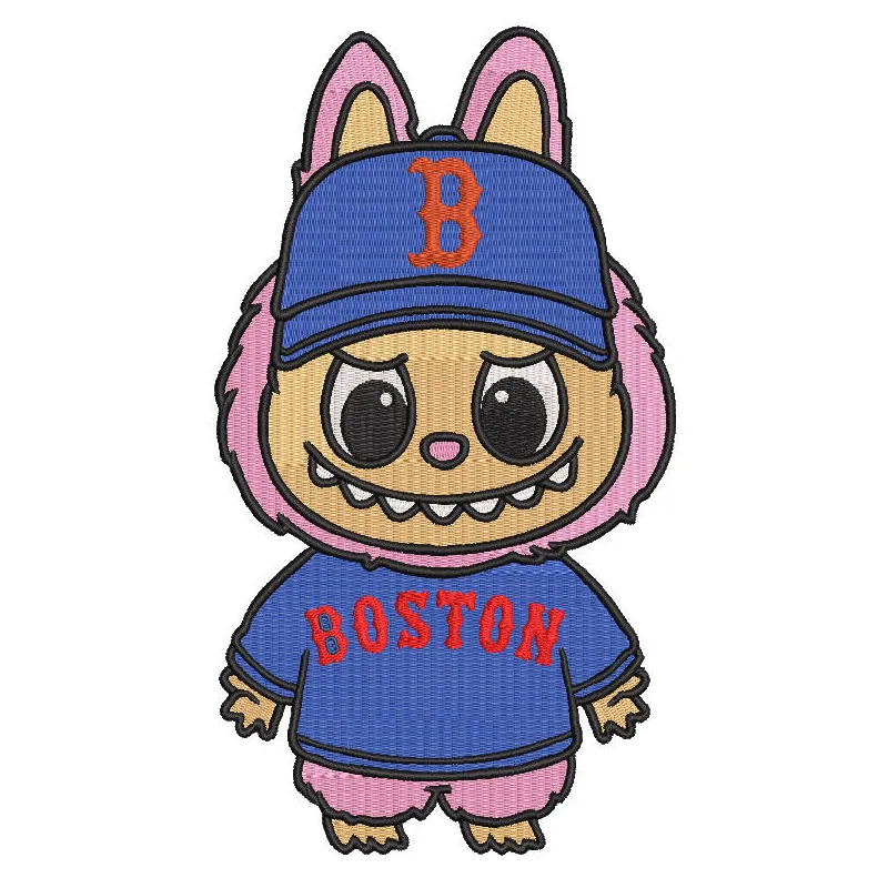 Embroidery design preview of Labubu Boston Red Sox pattern featuring vibrant colors and detailed stitching.