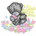 Teddy bear surrounded by a vibrant sea of flowers embroidery design for stitching on various fabric items.