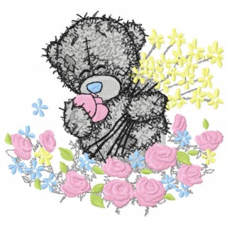 Teddy bear and the sea of flowers embroidery design - Embroidery Design