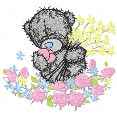 Teddy bear surrounded by a vibrant sea of flowers embroidery design for stitching on various fabric items.