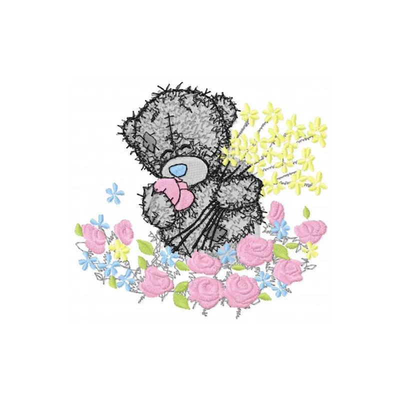 Teddy bear surrounded by a vibrant sea of flowers embroidery design for stitching on various fabric items.