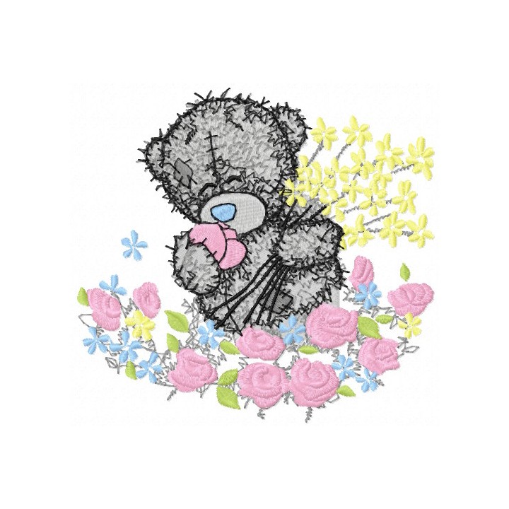 Teddy bear and the sea of flowers embroidery design - Embroidery Design