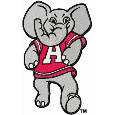 Big Al want big game embroidery design featuring a playful mascot for college sports on fabric.