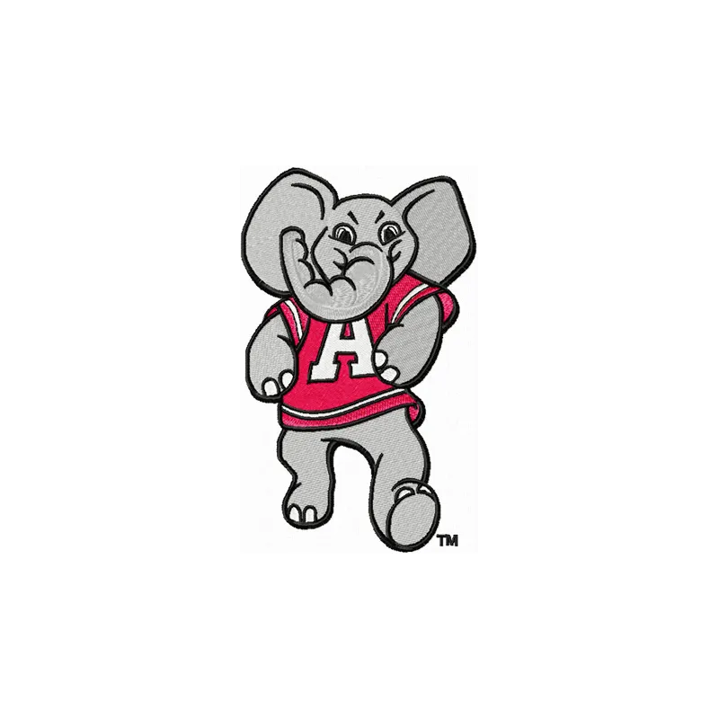Big Al want big game embroidery design featuring a playful mascot for college sports on fabric.