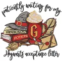 Embroidery design preview of 'Patiently waiting for my acceptance letter' inspired by Harry Potter