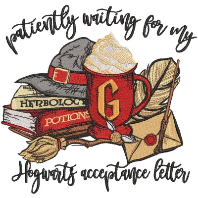 Embroidery design preview of 'Patiently waiting for my acceptance letter' inspired by Harry Potter