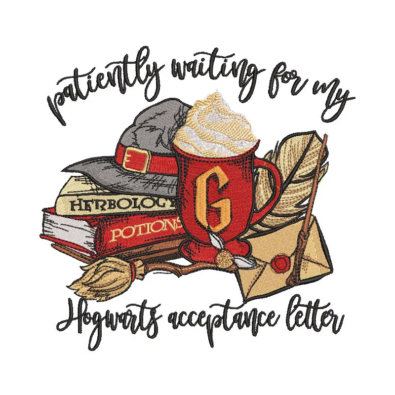 Embroidery design preview of 'Patiently waiting for my acceptance letter' inspired by Harry Potter